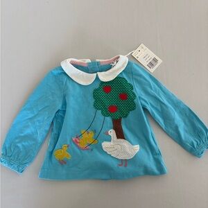 Boden Baby NWT 6-9 month Blue Long-Sleeve Top w/White Collar and Duck Appliqué